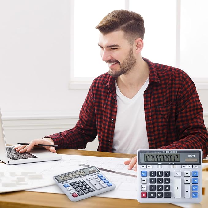 M&G Desktop Calculator 12 Digits Extra Large LCD Display, Dual Solar Power and Battery, Mechanical Calculator with Big Buttons, Battery Include, Basic Financial Calculator for Office Home School