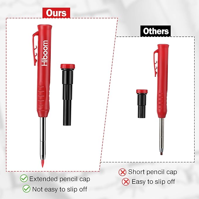 Hiboom 3 Pack Solid Carpenter Pencil with 21 Refill, Long Nosed Deep Hole Mechanical Pencil Marker with Built in Sharpener for Carpenter, Design Patent (Green, Red, Black Cover)