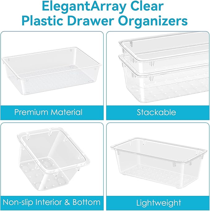 48 PCS Drawer Organizer Set, 4 Sizes Clear Plastic Makeup Vanity Organizer for Makeup, Stationery, Multiple Gadgets, Kitchen, Bathroom, Office, Bedroom