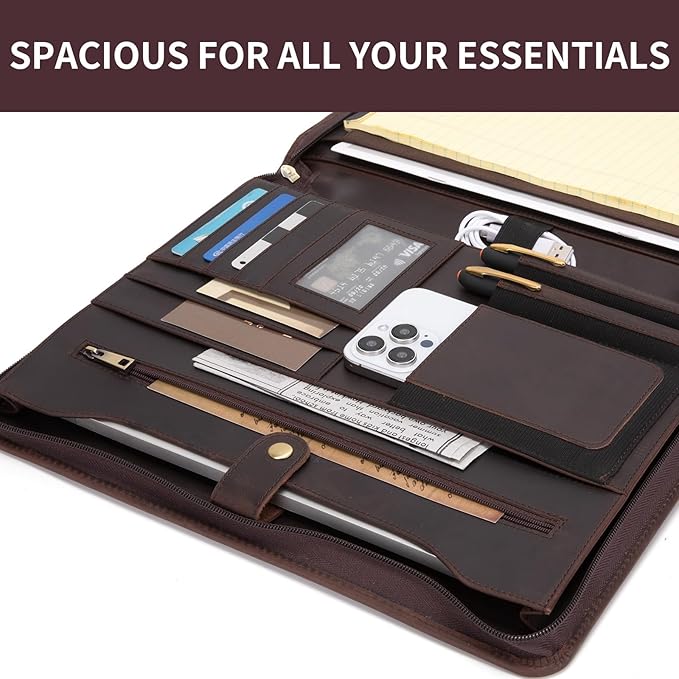 Genuine Leather Portfolio Binder, Zippered Padfolio for Men Women, Business Folio with 8.5” x 11” Notebook Holder and 13” Laptop Sleeve, Professional Executive Folder, Dark Brown