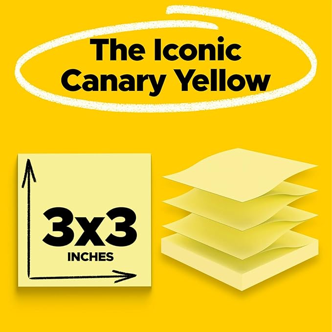 Post-it Dispenser Pop-up Notes, 3x3 in, 24 Pads, Canary Yellow, Clean Removal, Recyclable