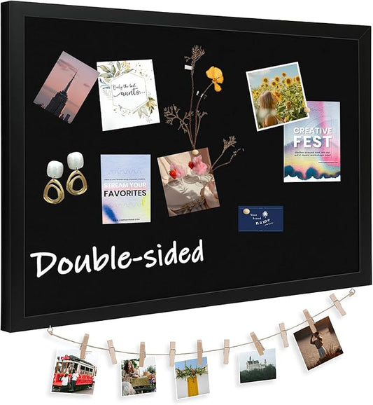 Large Cork Board Double-Sided Bulletin Board with Linen 30"x 20", Black Cork Boards for Walls Wood Frame Hanging Pin Board, Cork Board for Office Home School 1-Pack