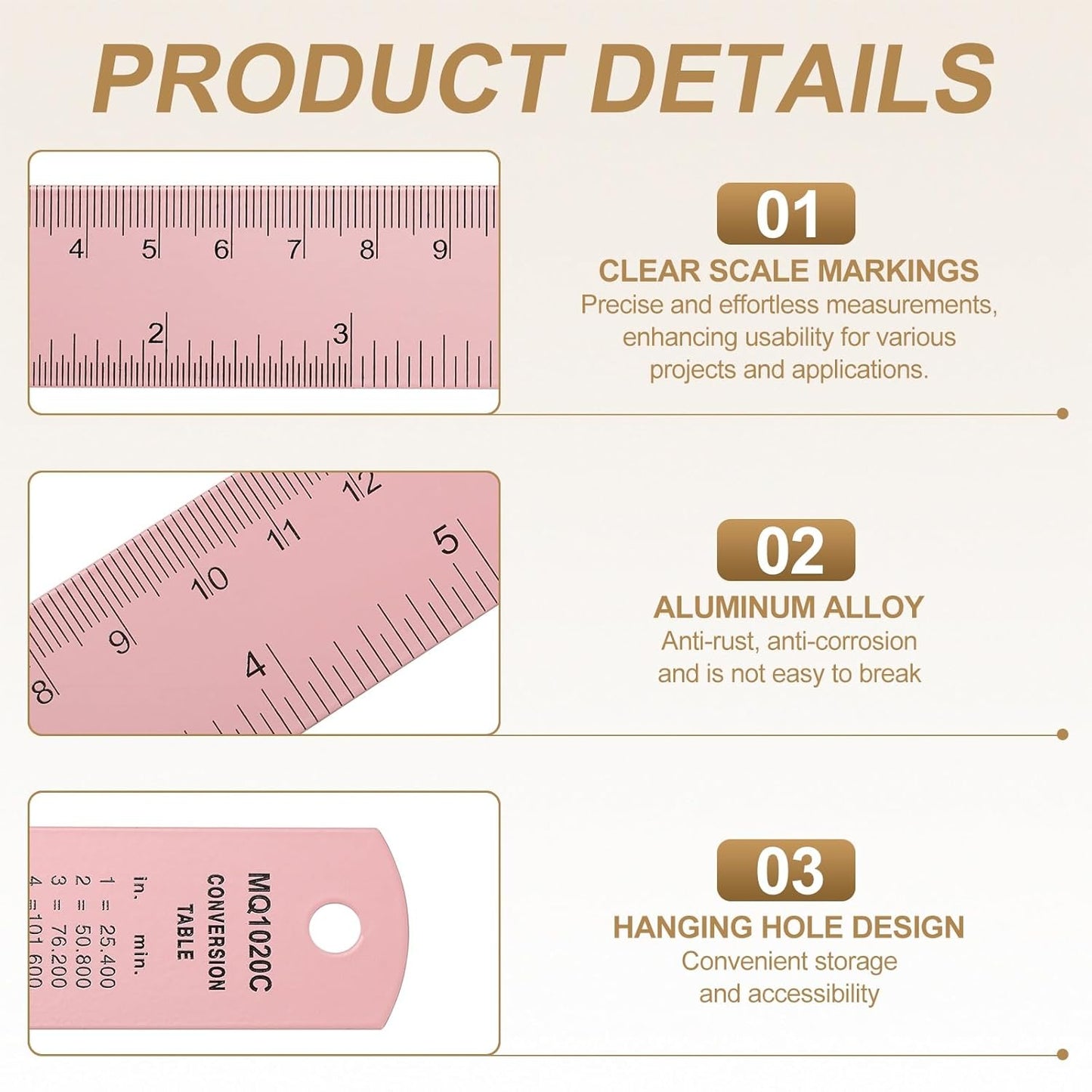 HARFINGTON 4pcs Metal Straight Ruler 20cm Metric SAE Aluminum Alloy Measuring Rulers Scale Tool with Hole for Measure Study Reading Classroom Office, Pink