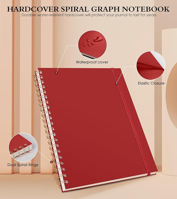 Graph Paper Notebook, Spiral Notebook Journal 8.5” x 11”, A4 Large Grid Notebooks for Women Men, 100 GSM Graph Paper, Plastic Hardcover Spiral Graphing Journals for Work School Engineerin, Red
