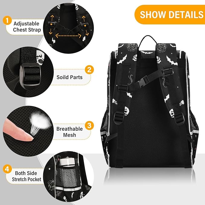 Goth Skull Cat Backpack with Reflective Strip for Kids Boys Girls Elementary School Bag Removable Chest Strap