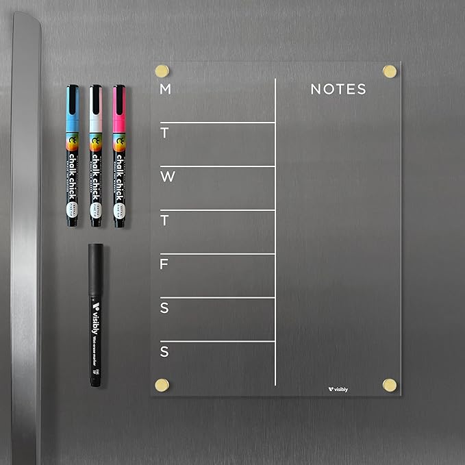 Magnetic Acrylic Weekly Calendar for Fridge, Weekly Meal Planner with Notes, Includes 4 Magnetic Wet-Erase Markers for Refrigerator, 9" X 12" | Silver Hardware
