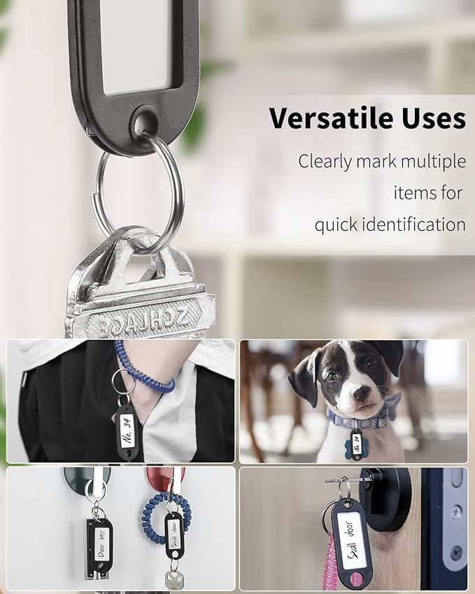 Uniclife 40 Pieces Key Tags 2 Inch Soft Plastic Key Chain Tags with Blank Paper Labels Clear Windows Protective Films and Split Rings Flexible Item Identifiers, Black
