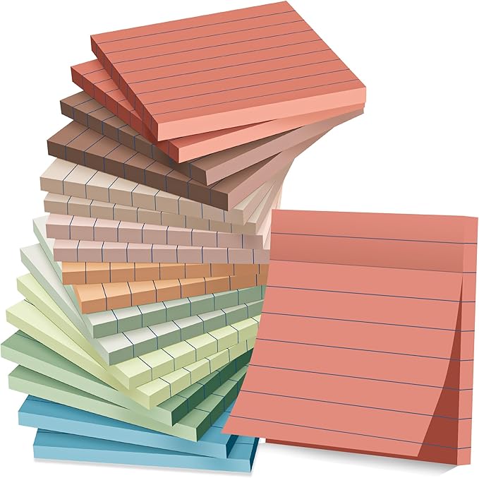 (18 Pack) Lined Sticky Notes 3x3 in Post, Vintage Colors, Sticky Pads, Strong Adhesive, Recyclable, Self-Stick Pads, Easy to Post for Home, Office, Notebook
