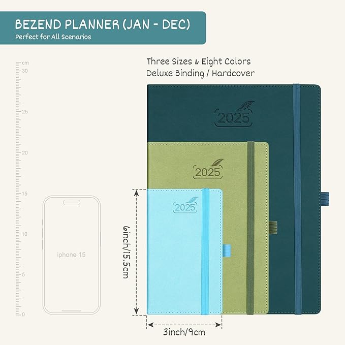 BEZEND Pocket Calendar 2025 for Purse 3.5" x 6", 2025 Pocket Planner Daily Weekly & Monthly with Pen Holder, Small Agenda 2025 with Vegan Leather Hard Cover - Sky Blue