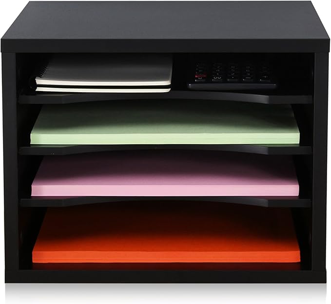 FITUEYES Wood Desk Paper Organizer with 4 Tiers Storage, Desktop File Holder, Document Letter Sorter Tray with Adjustable Shelves, Home Office Wooden Mail Rack, Black