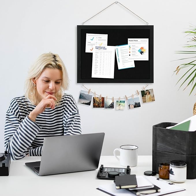 Large Cork Board Double-Sided Bulletin Board with Linen 30"x 20", Black Cork Boards for Walls Wood Frame Hanging Pin Board, Cork Board for Office Home School 1-Pack