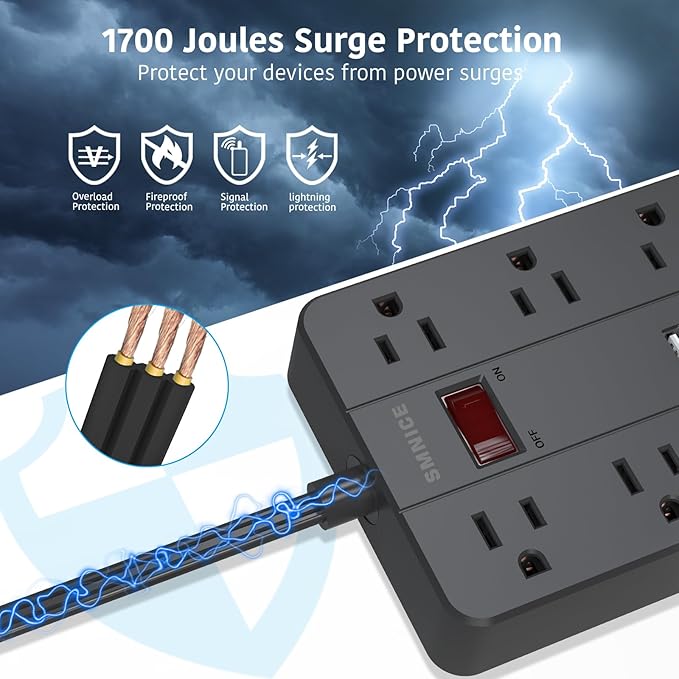Power Strip with USB,SMNICE Surge Protector Flat Plug with 8 Widely-Spaced Outlets & 6 USB(1USB C) Ports, Wall Mountable 5ft Extension Cord for Smartphone Tablet Laptop Computer Multiple Devices