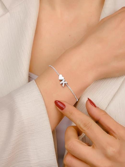 Silvora 925 Sterling Silver Dainty Initial Bracelet with Heart - 6.3" + 2" Adjustable Personalized 26 Letter Bracelet Jewelry Heart Bracelet for Women