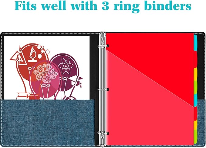 INFUN Plastic 8-Tab Binder Dividers with 2 Clear Pockets - 6 Sets, 48 pcs Multicolor Pocket Dividers with 3 Holes for 3 Ring Binders,Total 48 Tabs