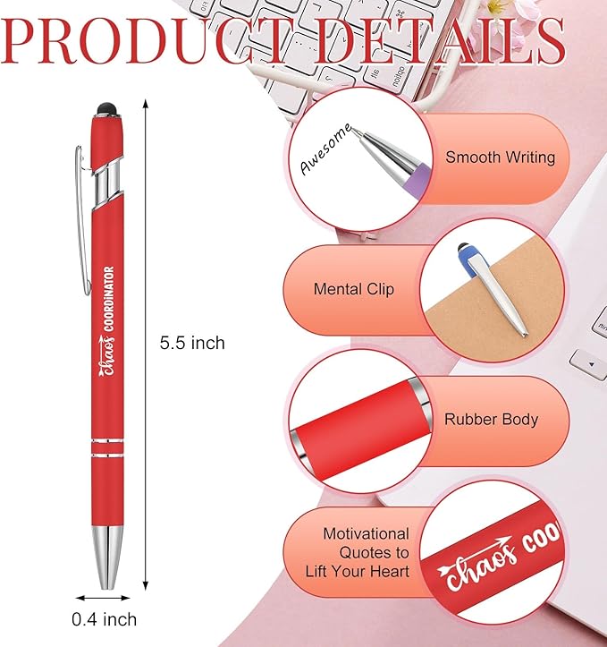 Colarr 12 Pcs Employee Appreciation Pen Ballpoint with Stylus Tip Pen 1.0 mm Black Ink Multicolor Smooth Motivational 2 in 1 Ballpoint Supplies for Coworker Thank You Gift (Chaos Coordinator)