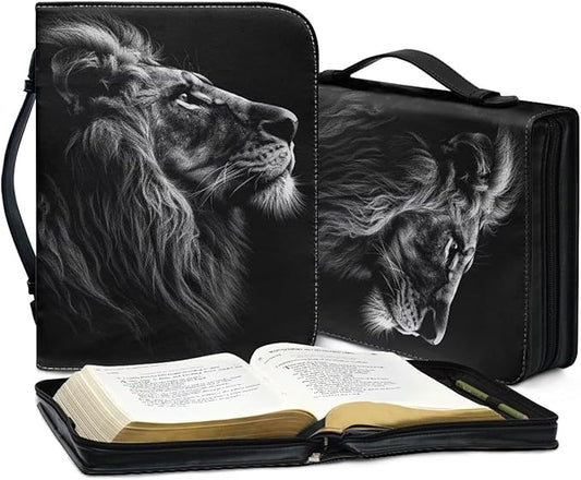 Lotusorchid Lion Print Faux Leather Bible Covers for Men, Portable Zippered Bible Carrying Case Bible Tote Bag for Women Girls, Christian Bible Study Accessories, Black, XL