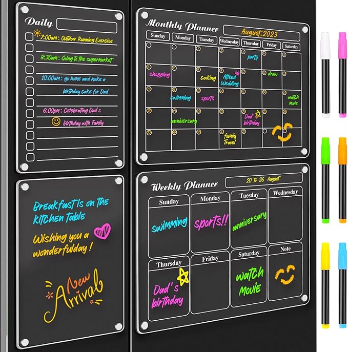 DIYMAG 4Pcs Acrylic Magnetic Dry Erase Calendar for Fridge, Clear Acrylic Calendar Planning Board Set Magnetic Weekly Monthly Planner Menu for Refrigerator with 6 Highlight Markers Transparent Color