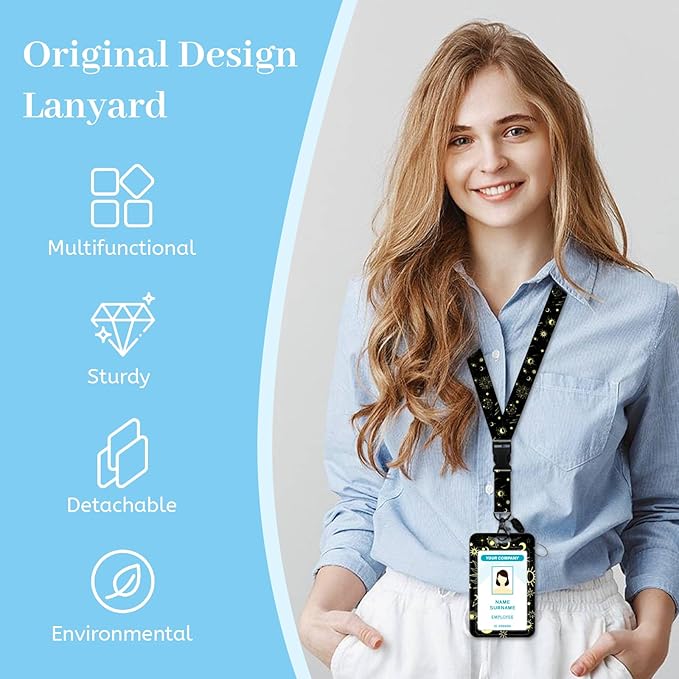Lanyards for Id Badges, Sun Moon Badge Holder with Retractable Reel Clip, Work Name Tags Keychain Lanyard ID Card Protector Cover Case for Women Teacher Nurse Nursing Doctor Office