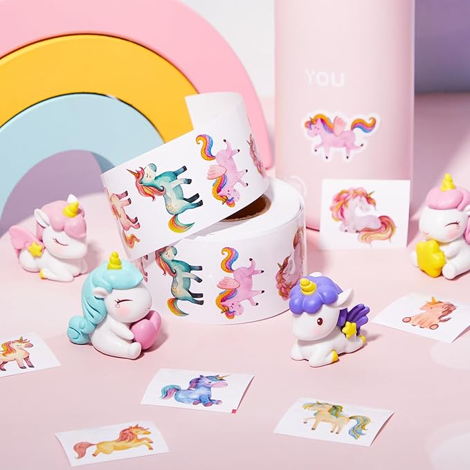1 Roll Animal Stickers Reward Cute Space Stickers Office Supplies Incentives Sticker Animal Party Favor Decal, 500 Pcs Each Roll(Rainbow Horse)