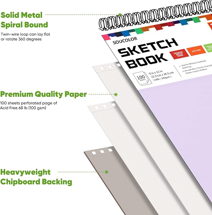 Soucolor 9" x 12" Sketch Book, Christmas Gifts for Women, Birthday Gifts for Women, Thank You Gifts, Stocking Stuffers Gift Set, 2 Packs 100-Sheets Each (68lb/100gsm) Drawing Pad for Women and Girls