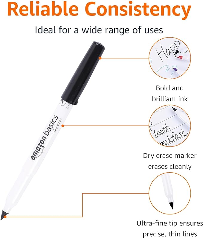 Amazon Basics Dry Erase Markers, Low Odor Ultra Fine Tip, 12-Pack, Black