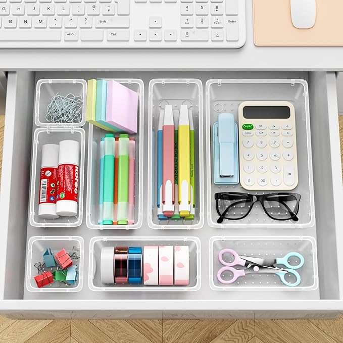72 PCS Drawer Organizer Set, 4 Sizes Clear Plastic Makeup Vanity Organizer for Makeup, Stationery, Multiple Gadgets for Kitchen, Bathroom, Office, Bedroom