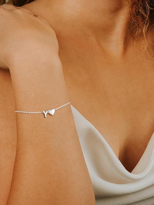 Silvora 925 Sterling Silver Dainty Initial Bracelet with Heart - 6.3" + 2" Adjustable Personalized 26 Letter Bracelet Jewelry Heart Bracelet for Women
