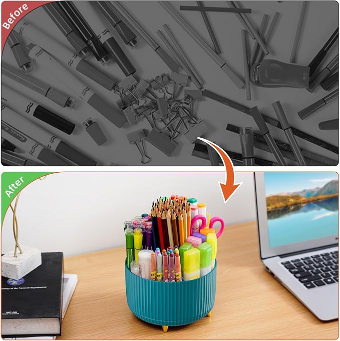 Marbrasse Desk Organizer, 360-Degree Rotating Pen Holder for Desk, Desk Organizers and Accessories with 5 Compartments Pencil Organizer, Art Supply Storage Box Caddy for Office, Home（Green）