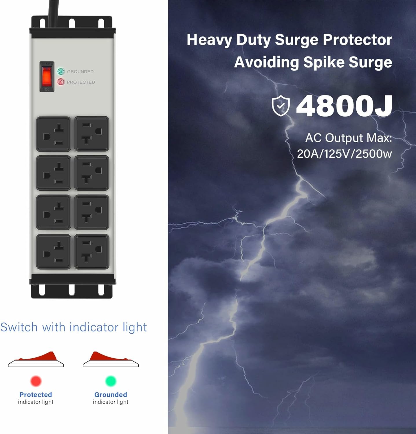 CCCEI Heavy Duty Power Strip Surge Protector 20 AMP, 8 Outlets 12 Gauge Industrial Shop Garage Metal Multiple Outlets, 6 FT Extension Cord 5-15P Adapter High Amp 6-20R T-Slot 20a for Appliance