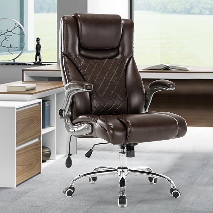 Executive Office Chair Desk Swivel Chair High Back Computer Chair - Adjustable Lumbar Support with Flip-Up Arms PU Leather Chair with Spring Cushion (Brown)