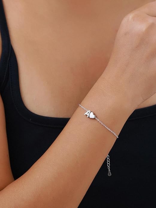 Silvora 925 Sterling Silver Dainty Initial Bracelet with Heart - 6.3" + 2" Adjustable Personalized 26 Letter Bracelet Jewelry Heart Bracelet for Women