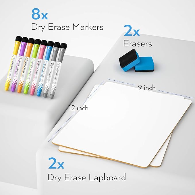 Nicpro Dry Erase Lap Board 9 x 12 inches 2 Pack Kid Double Sided Blank Small Lapboard with 8 Pens, 2 Eraser, Learning Mini Whiteboard Portable Drawing Board for Student and Classroom Use