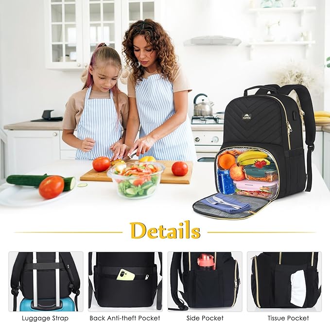 MATEIN Lunch Backpack for Women, 15.6inch Laptop Work Backpack with Insulated Cooler Compartment, Water Resistant Teacher Nurse Backpack with USB Port for College Picnic Camping Beaches, Women Gifts