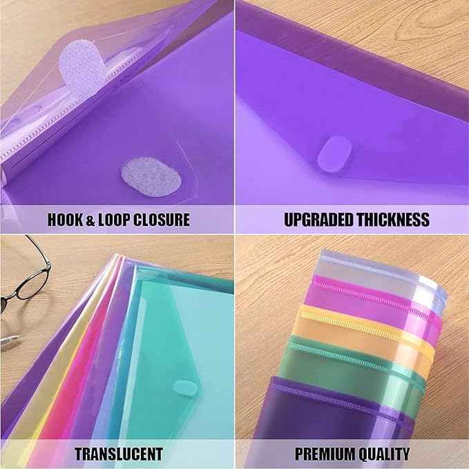Sooez 6 Pack Plastic Envelopes, Plastic File Folders for Documents, Clear School Folder, Colored File Folders Letter A4 Size, Waterproof Poly Envelopes with Closure, 6 Color