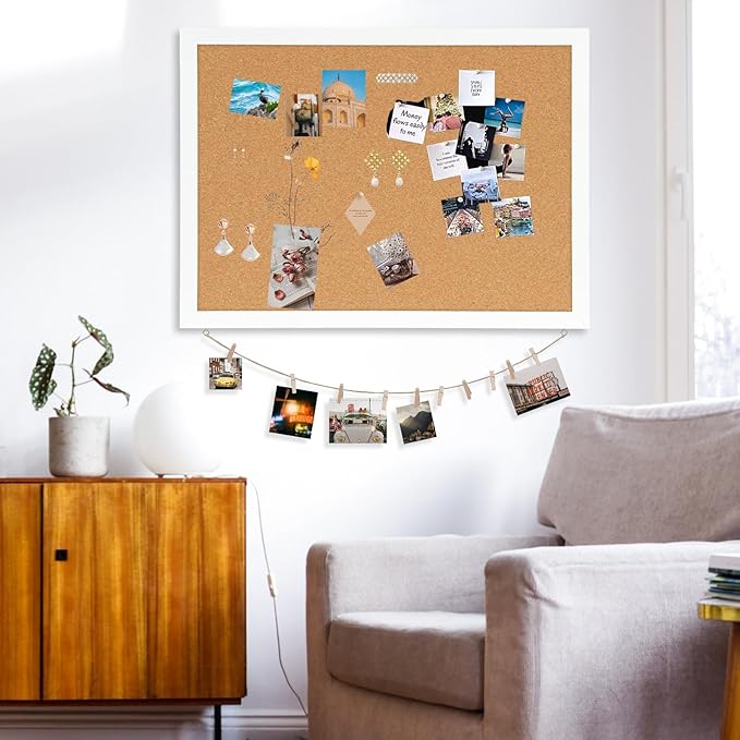 DOLLAR BOSS Cork Board Bulletin Board with Linen Double-Sided 24" x 18" Linen Corkboards for Walls Picture Display Vision Board for Office Home School Framed Picture Pin Board, 20 Pushpins 10 Clips