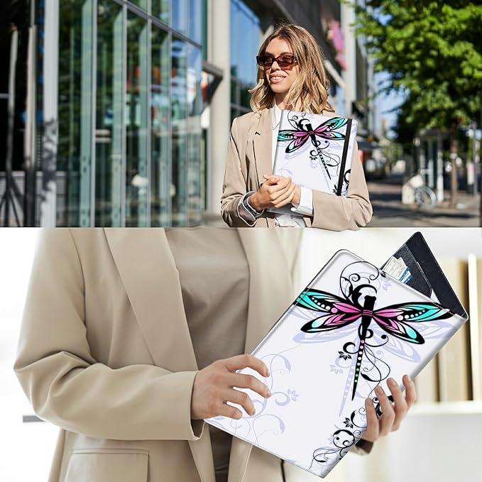 PU Leather Padfolio Clipboard Notepad with Pen Loop and Elastic Strap Interview/Resume Document Organizer for Business School Office,Dragonfly with Lotus Flower