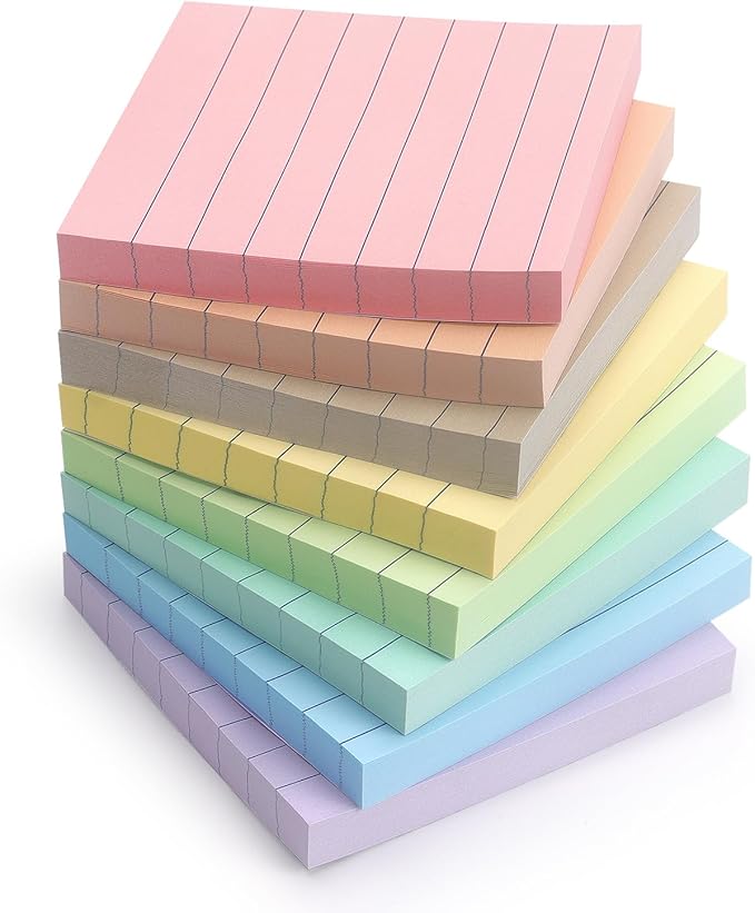 Lined Sticky Notes 3x3 Inch, 8 Pack, Light Colors, Premium Self-Adhesive Notepads, 640 Sheets, for Office, School & Home Use, Easy to Use, Reusable & Removable