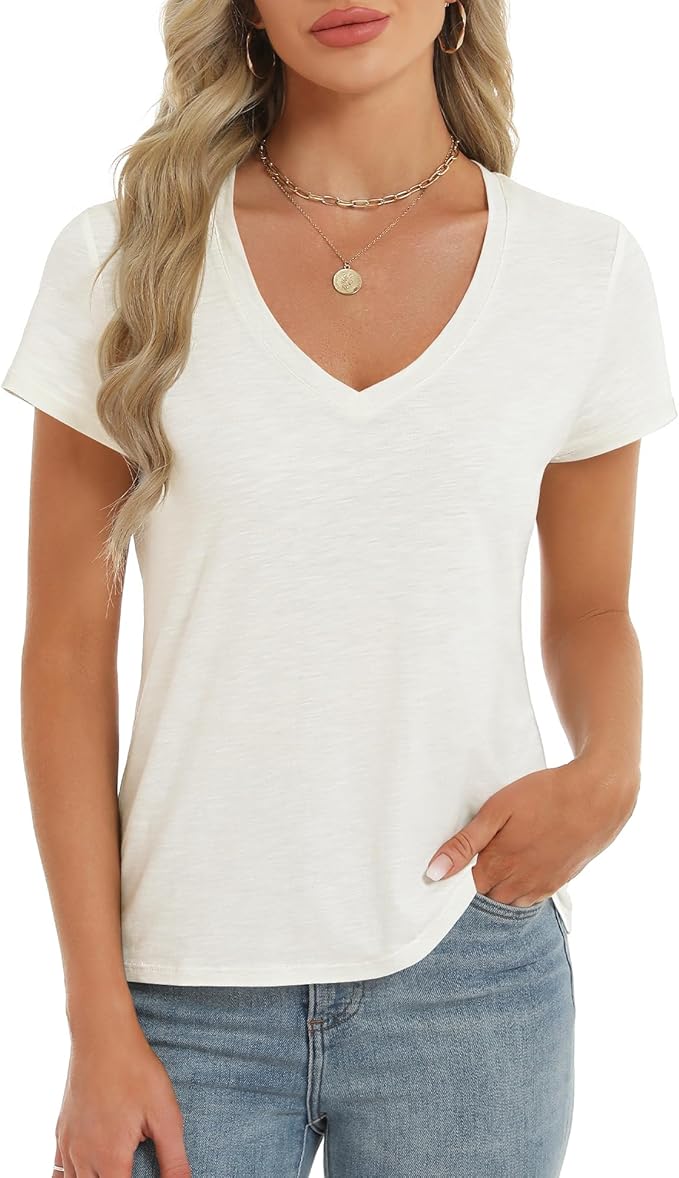 Stelle Womens T Shirts Short Sleeve V Neck Basic Tee Casual Loose Fit Tops Lightweight Soft Summer Outfits Clothes