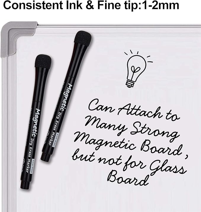 Magnetic Dry Erase Markers, (12 pk) Dealkits Low Odor White Board Markers with Erasers for Kids Teacher Supplies for Classroom Work on White Board, Calender, Fine Tip Point, Black