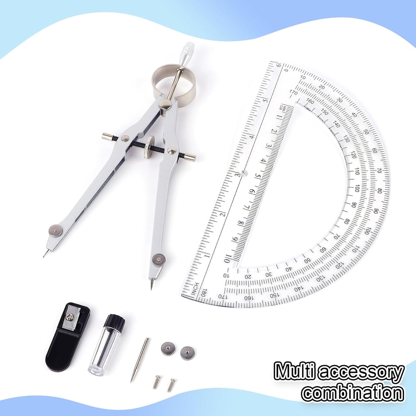 Compass and Protractor Set, Professional Drawing Compass Tool, Metal Compass with Extra Refills, Compass for Geometry and 6 Inch Math Protractors 180 Degree (Navy Blue)