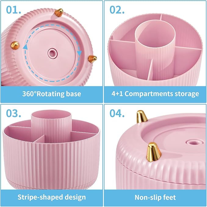 Marbrasse Desk Organizer, 360-Degree Rotating Pen Holder, Desk Organizers and Accessories with 5 Compartments Pencil Organizer, Art Supply Storage Box Caddy for Office, Home(Pink/Purple Random)