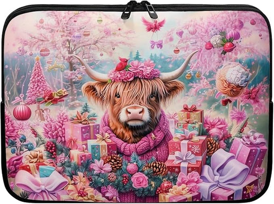 Highland Cow Laptop Sleeve for Women 15 inch Lap Top Case Christmas Laptop Protector Zippered Pouches with Humanize Design Computer Carrying Case Portable Tablet Bag Briefcase