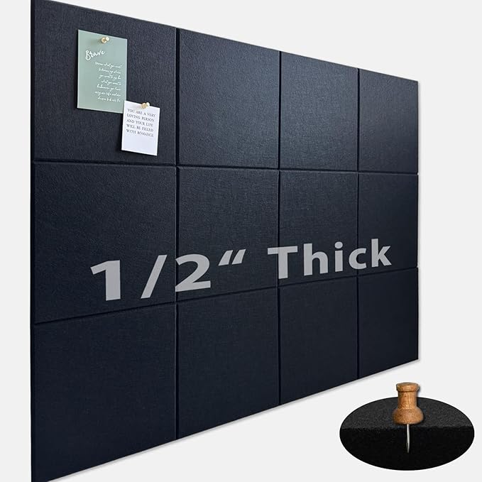 Large Cork Board for Office Wall Decor,48"x36"-12 Pack Felt Wall Tiles with 35 Push Pins, Thicker 0.47in, Felt Bulletin Board Pin Board Cork Boards for Walls - Black