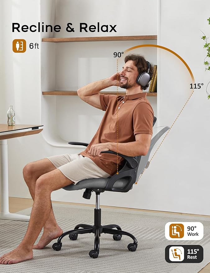 Mesh Office Chair Ergonomic Desk Chair with Up&Down Front&Rear 2 Dimensions Adjustable Lumbar Support and Flip-up Arm Rocking Comfy Swivel Computer Task Chair for Home Office(Black-Gray)