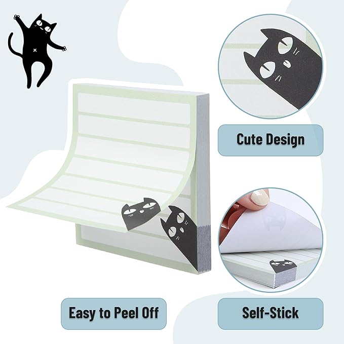 Mr. Pen- Sticky Notes, 3" x 3", 6 Pads, 480 Sheets, Black Cat Sticky Notes, Cat Notepad, Sticky Note Set, Cute Notepads, Aesthetic Sticky Notes Set, Cute Sticky Notes Cute, Fun Sticky Notes