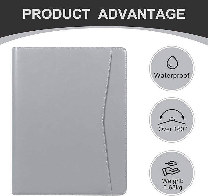 Calfinder Portfolio for Men, Zippered Vegan Leather Padfolio for Women, Business Portfolio Organizer Folder, Professional Padfolio with A4 Notepad Holder for Interview/Meeting, Office Gifts, Gray