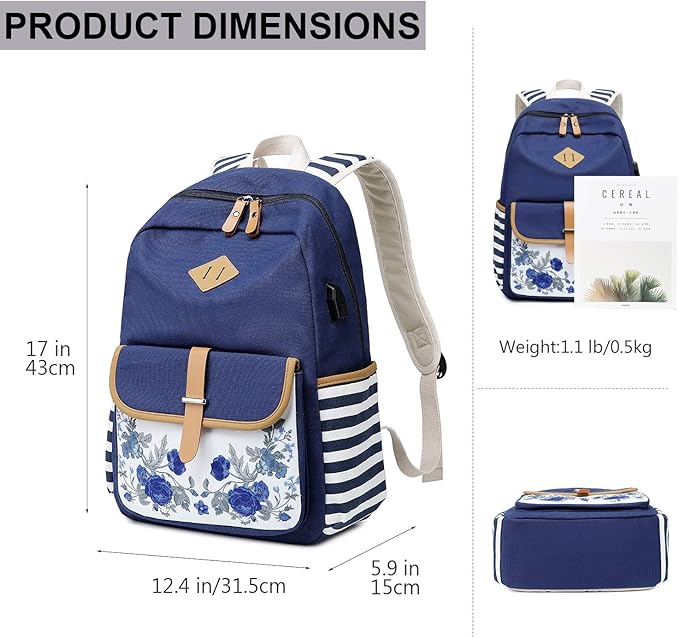 goldwheat Canvas Backpacks for Girls with USB Charging Port School Bookbag