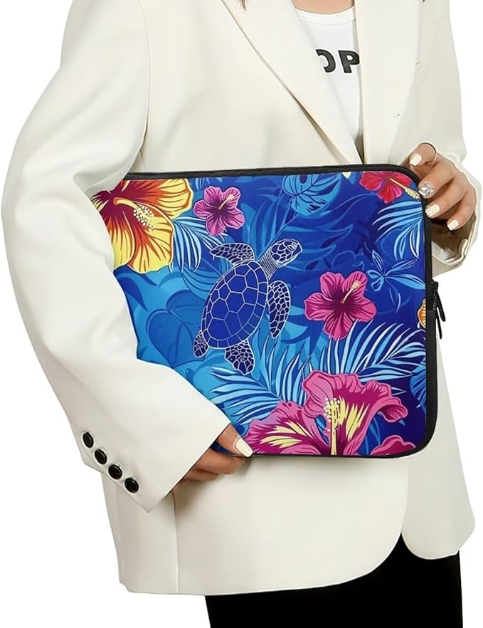 Sea Turtle Printed Laptop Briefcase for Women Men, Hibiscus Flower Printed 10 Inch Laptop Bag Messenger Bag Lightweight Laptop Case for Office Business Traveling Daily Use