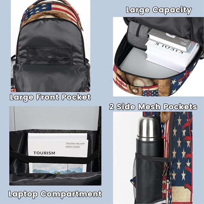 Vintage Baseball American Flag Pattern Backpack School Bookbag Laptop Purse Casual Daypack for Teen Girls Women Boys Men College Travel
