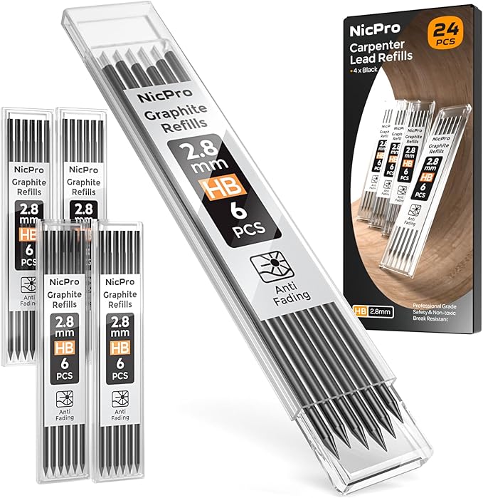Nicpro 24 Pieces Carpenter Pencil Lead Refills 2.8mm, Lead Refill for Mechanical Carpenter Pencil, Break Resistant 2.8 mm Leads for Construction Pencils, Woodworking Pencil (Black)